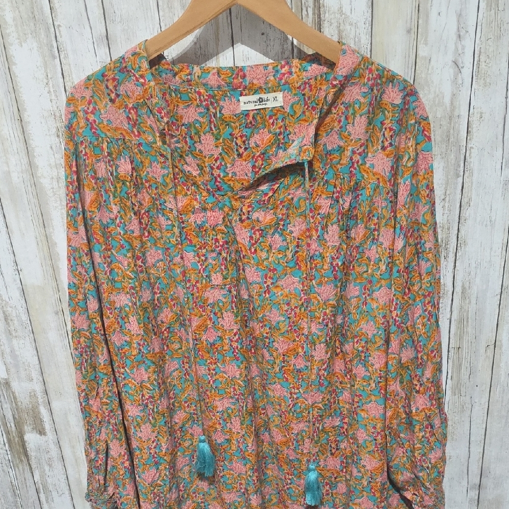 NATURAL LIFE Floral Boho Tunic Dress with Turquoise Trim - Picture 6 of 7